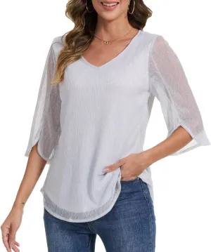 Women's 3/4 Sleeve Glitter Blouses Dressy Sparkly Double Layers Mesh Tunic Tops