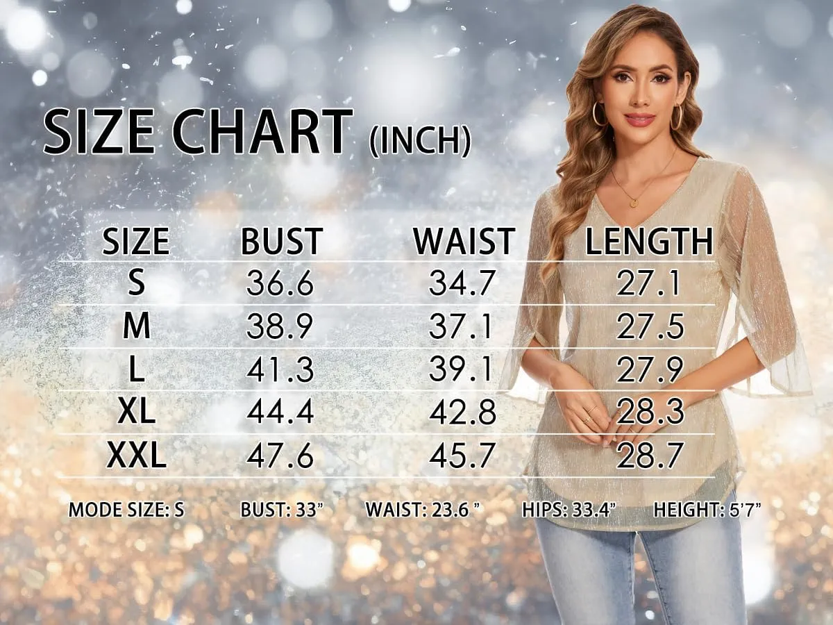 Women's 3/4 Sleeve Glitter Blouses Dressy Sparkly Double Layers Mesh Tunic Tops