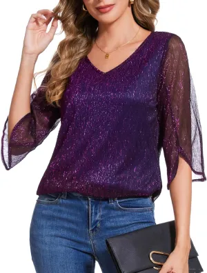 Women's 3/4 Sleeve Glitter Blouses Dressy Sparkly Double Layers Mesh Tunic Tops