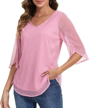 Women's 3/4 Sleeve Glitter Blouses Dressy Sparkly Double Layers Mesh Tunic Tops