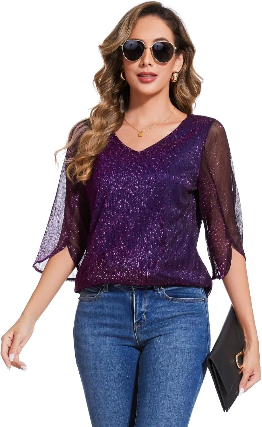 Women's 3/4 Sleeve Glitter Blouses Dressy Sparkly Double Layers Mesh Tunic Tops