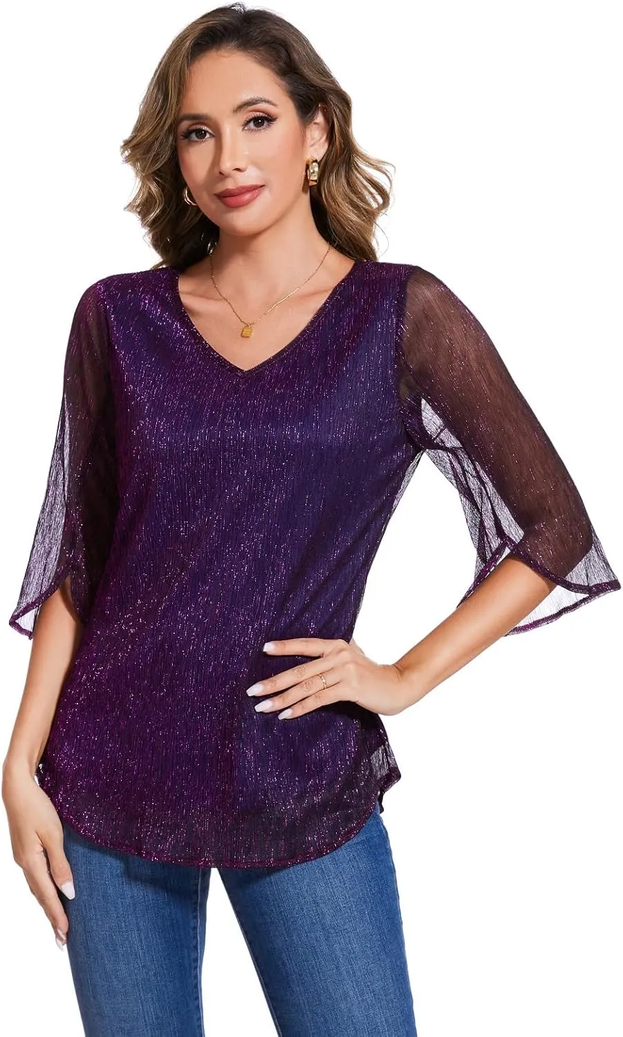 Women's 3/4 Sleeve Glitter Blouses Dressy Sparkly Double Layers Mesh Tunic Tops