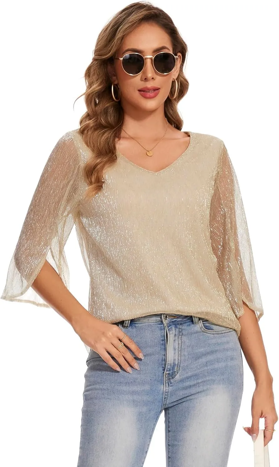 Women's 3/4 Sleeve Glitter Blouses Dressy Sparkly Double Layers Mesh Tunic Tops