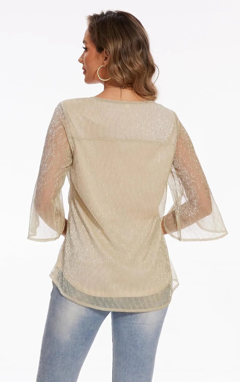Women's 3/4 Sleeve Glitter Blouses Dressy Sparkly Double Layers Mesh Tunic Tops