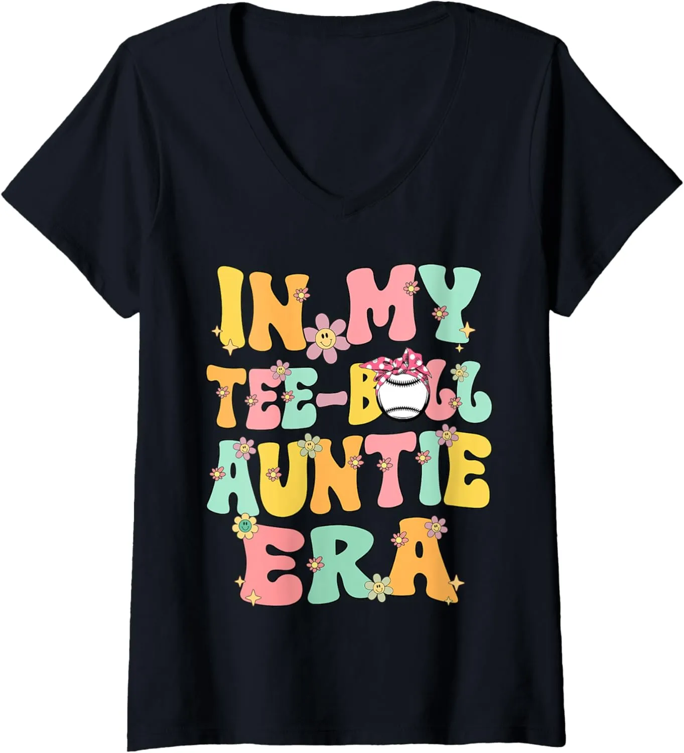 Womens In My Teeball Aunt Era Retro Groovy Tball Auntie Tee ball V-Neck T-Shirt