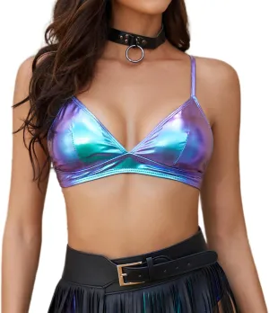 Women's Metallic Crop Tops Shiny Light-Support Rave Bra Swimsuit Top