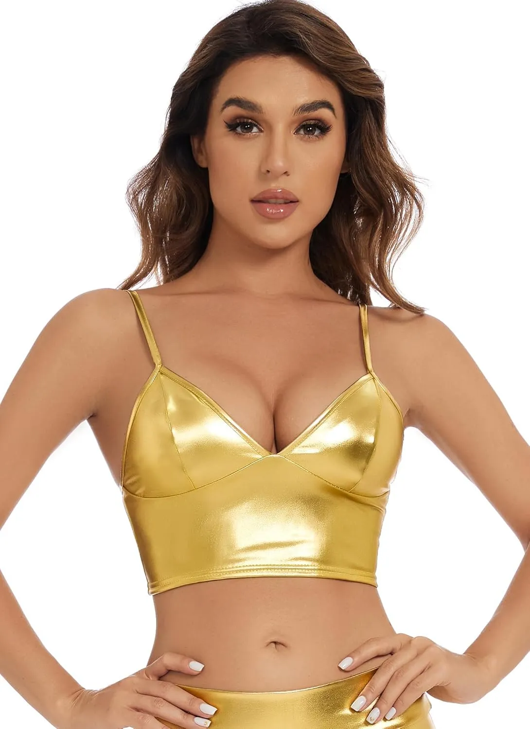 Women's Metallic Crop Tops Shiny V-Neck Tube Bra for Dancing, Raves, Festivals, Costumes