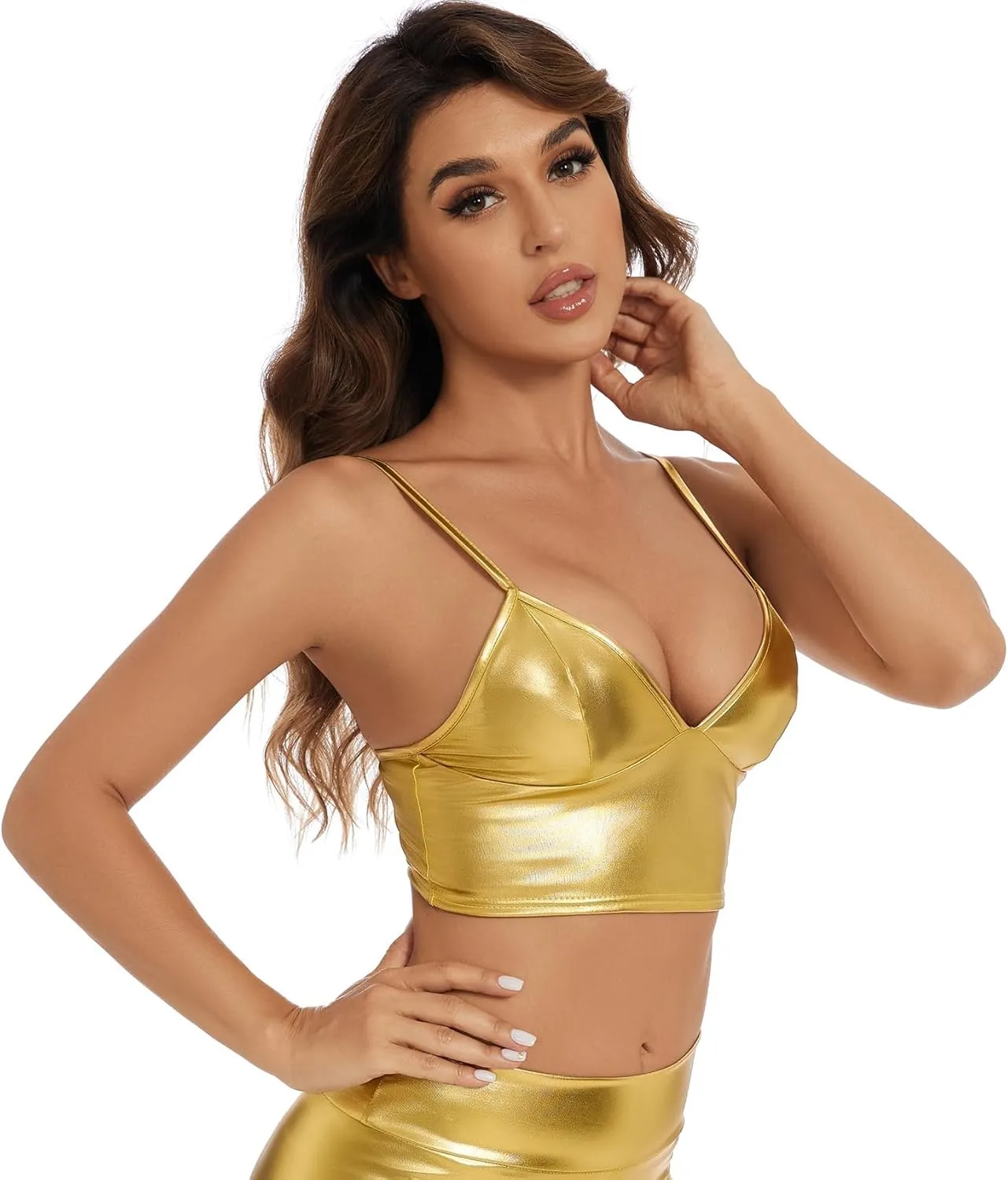 Women's Metallic Crop Tops Shiny V-Neck Tube Bra for Dancing, Raves, Festivals, Costumes