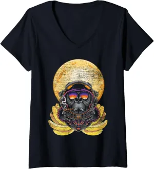 Womens Moon Outer Space Science Banana Smoking Monkey Astronaut V-Neck T-Shirt