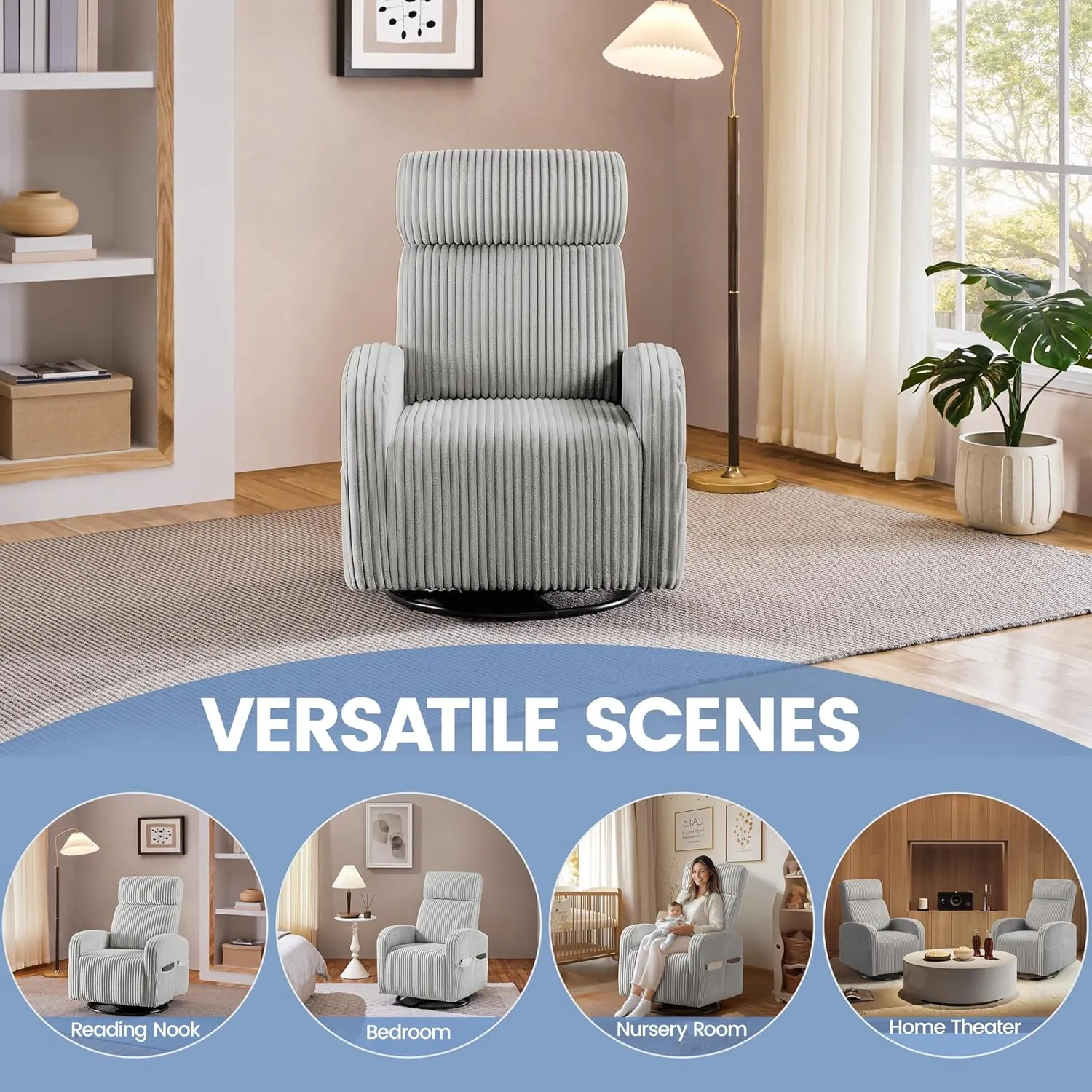 Yaheetech 360° Swivel Glider Chair for Nursery, Rocking Chair Nursing Chair with Side Pockets, Corduroy Glider for Living Room with High Back Light Gray