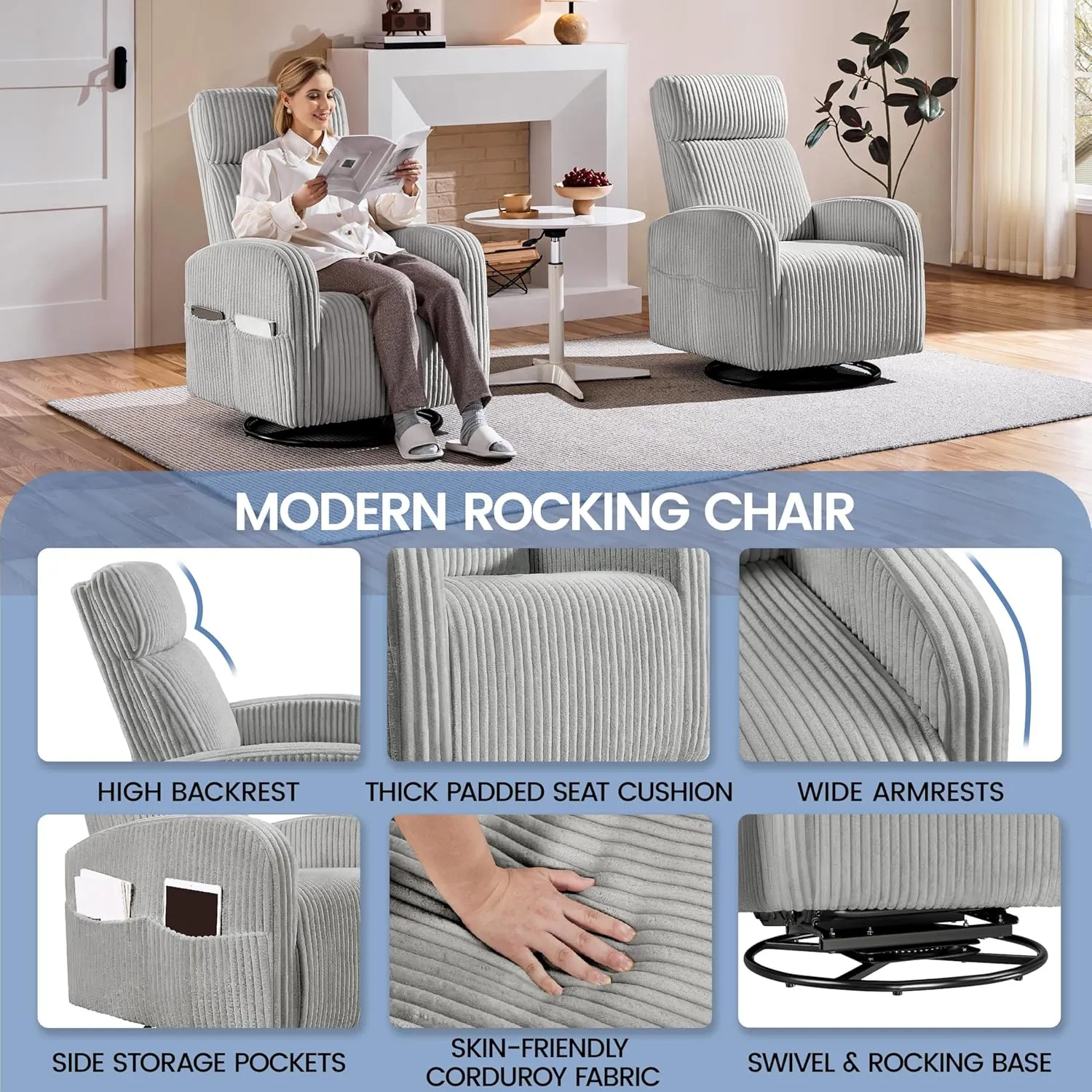 Yaheetech 360° Swivel Glider Chair for Nursery, Rocking Chair Nursing Chair with Side Pockets, Corduroy Glider for Living Room with High Back Light Gray