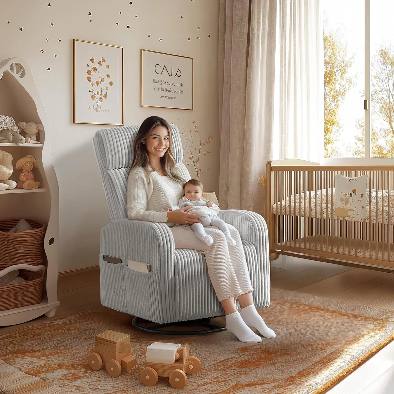 Yaheetech 360° Swivel Glider Chair for Nursery, Rocking Chair Nursing Chair with Side Pockets, Corduroy Glider for Living Room with High Back Light Gray