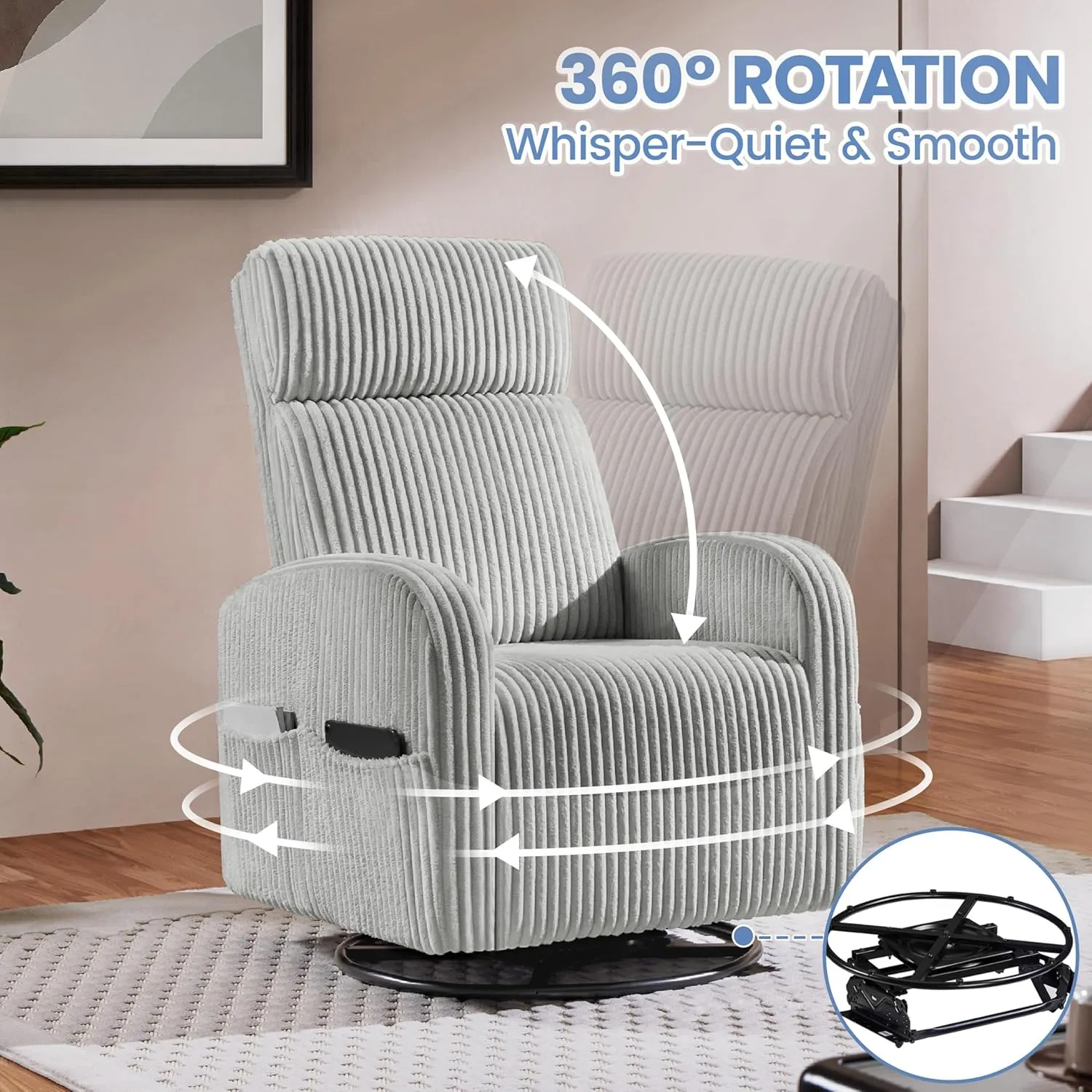 Yaheetech 360° Swivel Glider Chair for Nursery, Rocking Chair Nursing Chair with Side Pockets, Corduroy Glider for Living Room with High Back Light Gray