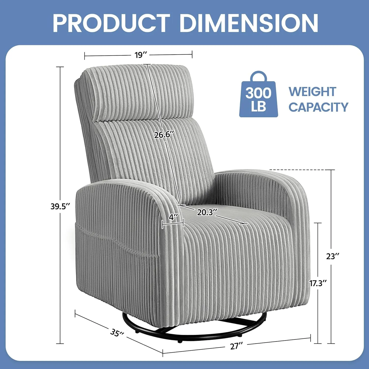 Yaheetech 360° Swivel Glider Chair for Nursery, Rocking Chair Nursing Chair with Side Pockets, Corduroy Glider for Living Room with High Back Light Gray