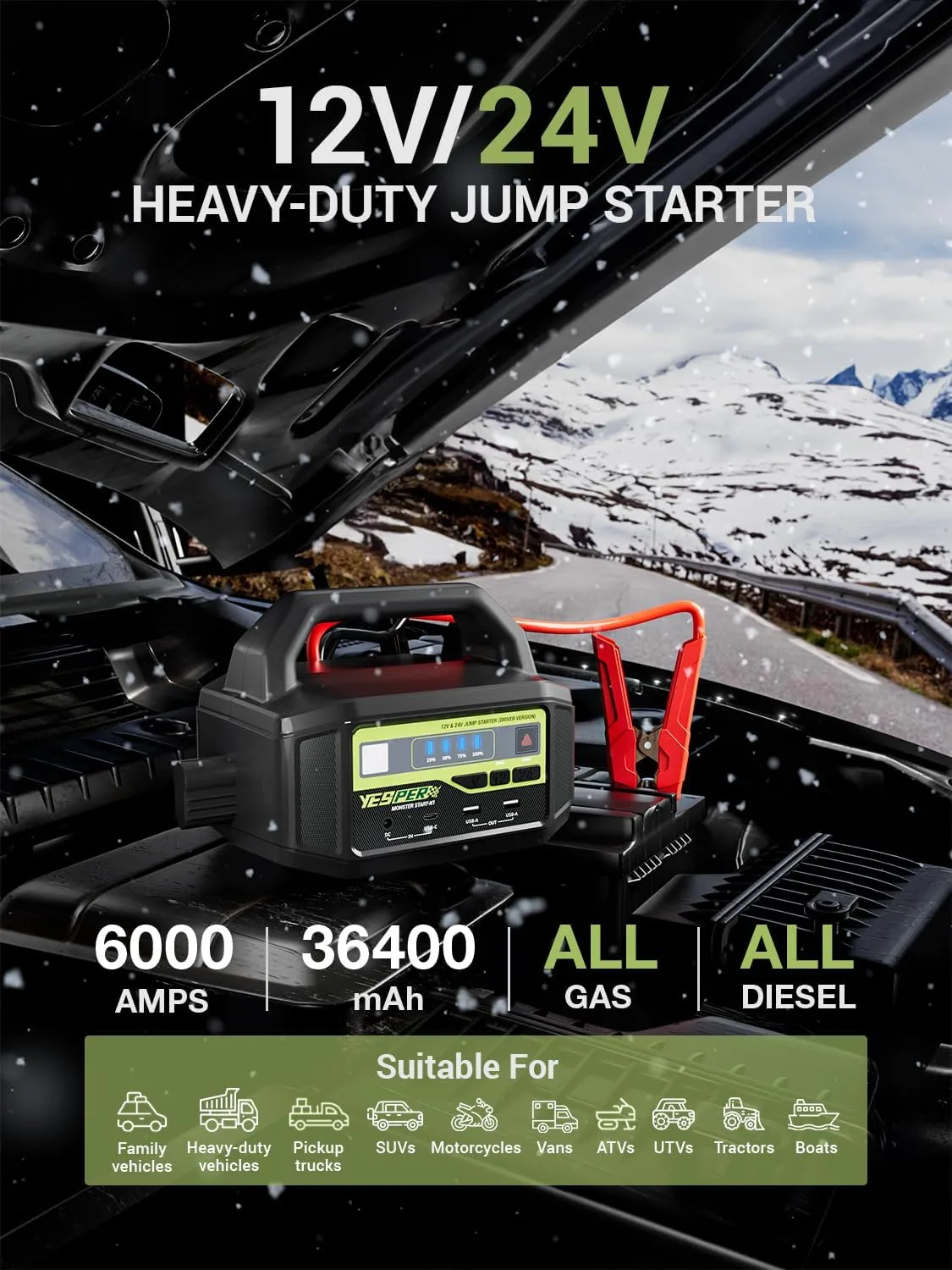 YESPER 12V/24V Car Jump Starter, 6000A Peak 5.1 lbs Portable Jump Starter Battery Pack Quick Charge with AC Adapter 36400mAh Battery Booster Pack (Up to All Gas/Diesel Engine) Jumper Box
